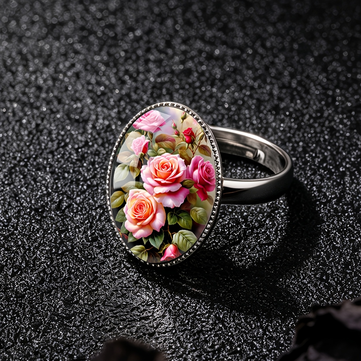 Women's Romantic Floral Pink Rose Pattern Stainless Steel Open Ring